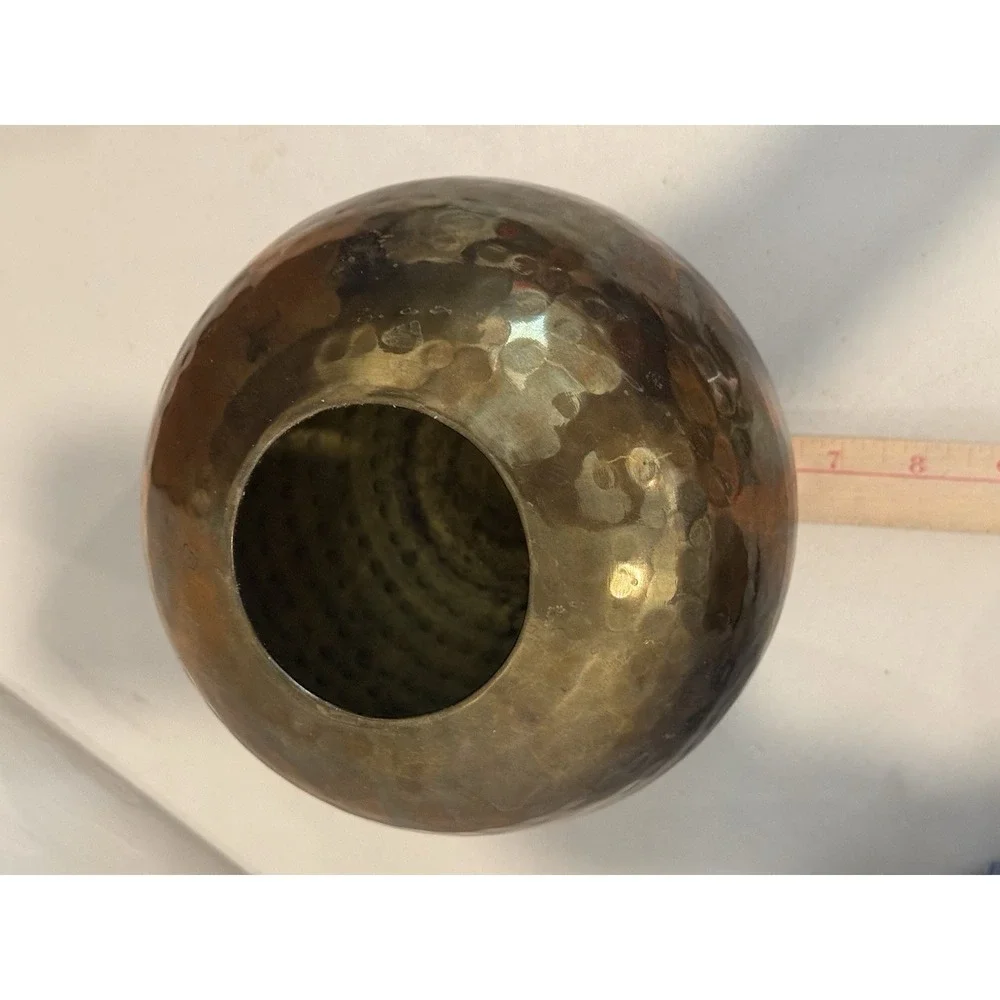 Vintage Hammered‎ Brass Orb Vase 1980s Spherical Globe Flower Planter Patina 6